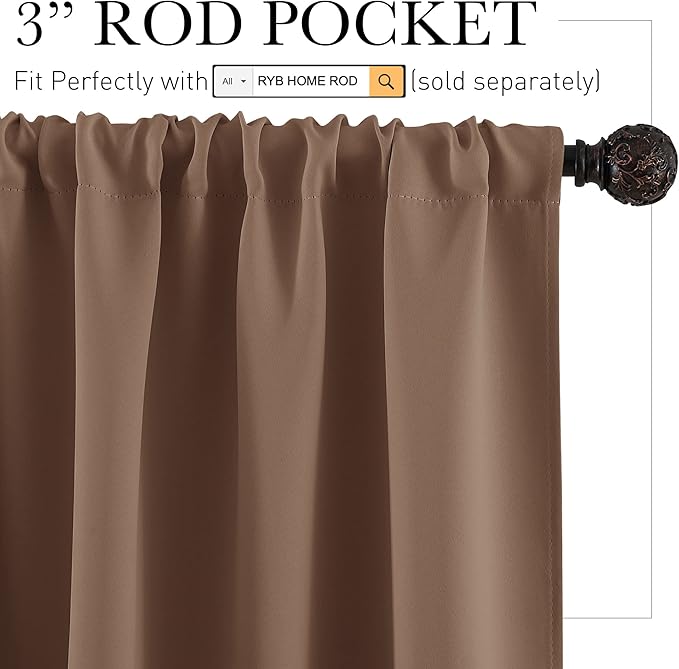 RYB HOME Small Window Curtains with Rod Pocket Design, Blackout Privacy Curtains Drapes Energy Efficient Covering for Closet Pantry W 29 x L 45 inches, 2 Panels, Mocha