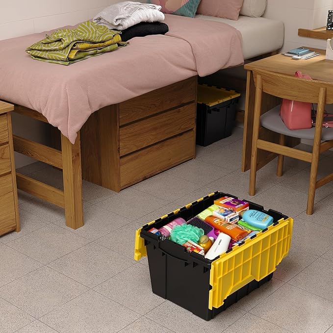 Akro-Mils KeepBox 12 Gallon Storage Container, Nesting and Stackable Plastic Storage Box with Lid Attached, Clear Tote for Garages, Closets, and Moving, 21-1/2" x 15" x 12-1/2", Black/Yellow, 6-Pack