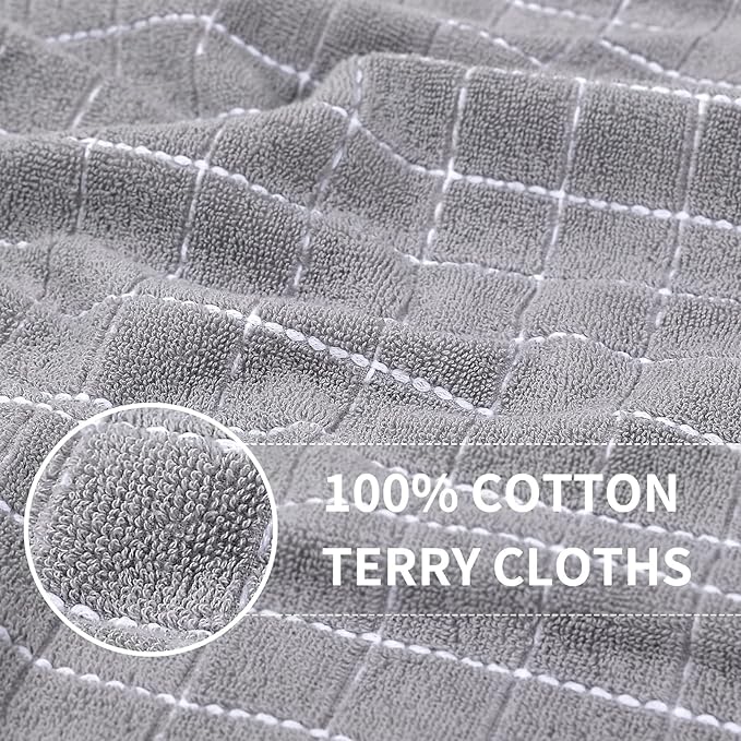 Homaxy 100% Cotton Terry Kitchen Towels(White and Light Grey, 13 x 28 Inches), Checkered Designed, Soft and Super Absorbent Dish Towels, 8 Pack