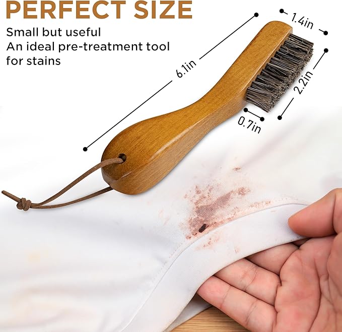 TAKAVU Laundry Stain Brush Set of 2 – Clothes Cleaning Brushes with Horsehair & Wooden Handle – Gentle Fabric Care Brush for Stain Removal, Shoes, Boots & Delicate Garments