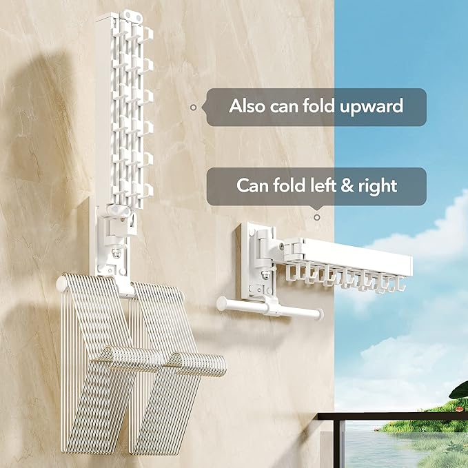 Wall Mounted Clothes Hanger Rack, Clothes Drying Rack,Laundry Drying Rack,Collapsible Clothes Rack Wall Mount, Retractable Drying Rack Clothing,can Fold Upward & Left & Right,White Color