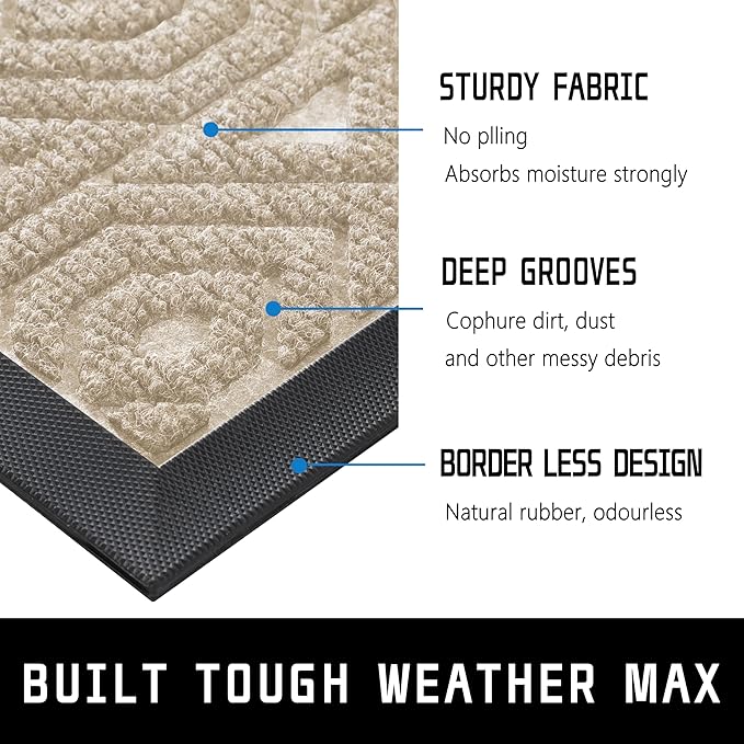 Yimobra Door Mat, Outdoor Indoor Entrance Welcome Mat, Heavy Entry Front Door Mat, Stain & Fade Resistant, Low Profile, Sturdy Rubber, Easy Clean Patio Floor Mat, Waterproof, 29.5 x 17, Light Beige