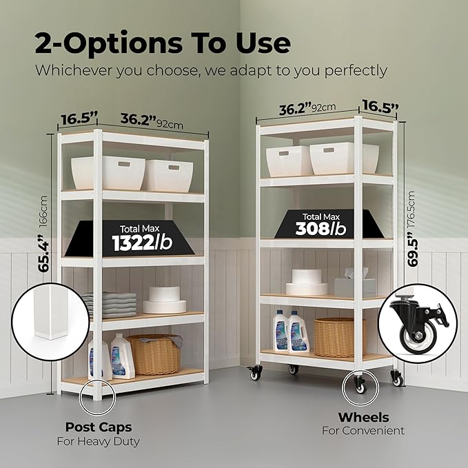 HOMEDANT House White 5-Tier Metal Rolling Cart Shelf Rack Casters Heavy Duty Wheel Shelving Unit Adjustable Utility Storage Shelves Organizer Shelf Kitchen Garage 36.2" W x 16.5" D x 69.5" H 1Pack