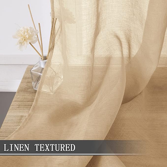 Tollpiz Sheer Tier Curtain Linen Textured Half Kitchen Curtains Sheer Light Filtering Rod Pocket Voile Small Curtains for Bathroom, 25 x 36 inches Long, Beige, Set of 2 Panels