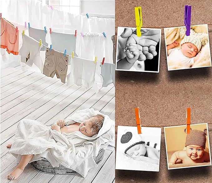 1.9 in Gold Clothespins Art Hanging Kit Kids Artwork Picture Party Xmas Decor Clothing Clamps with Jute Twine Pack 50