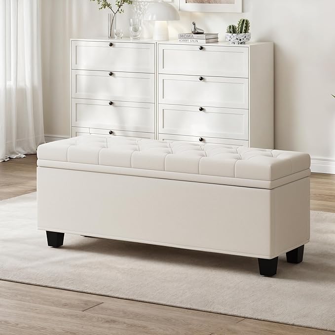 Maupvit Ottoman with Storage, Ottoman Bench with Lift Top, Upholstered Storage Bench with Hinged Lid, Bedroom Bench with Seating, Foot Rest Stool（Beige）