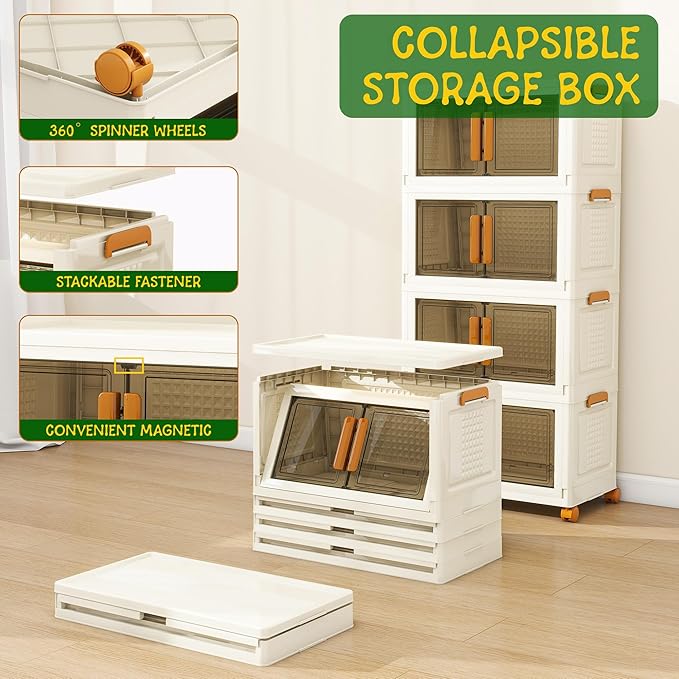 4 Tier Stackable Plastic Storage Bins with 1 Lid 35 QT/Tier, Collapsible Plastic Box Storage Bin with Wheels, Home Containers Boxes Closet Organizers for Living Room, Office, Dorm