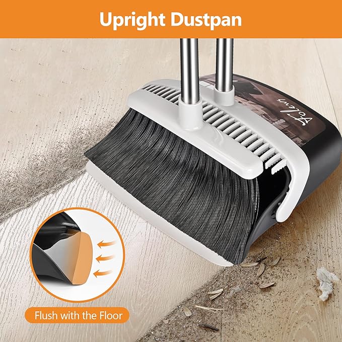 Broom and Dustpan Set, Heavy Duty Dust Pan with Long Handle 51 Inch Broom with Dustpan Combo Set Upright Self-Cleaning Dust Pan Home Kitchen Lobby Indoor Outdoor Sweeping Cleaning Tool - Gray