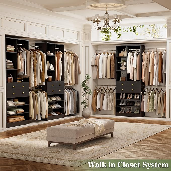 Closet System, Up to 134"/11.2 FT Closet Organizer with 4 Wooden Drawers and Shelves, Walk-in Closet System with 6 Hanging Rods, Built-in Closet Can Fit 96"/8FT, 120"/10FT, Black