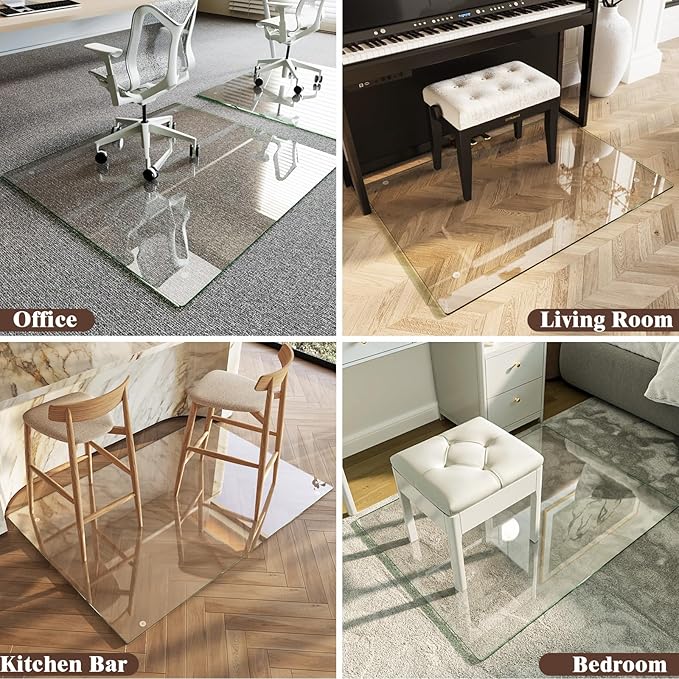 Koonmi Tempered Glass Chair Mat 36"x48" - Premium Office Chair Mat for Hardwood Floors & Low-Pile Carpet with 4 Non-Slip Pads - Thick Scratch-Resistant Surface