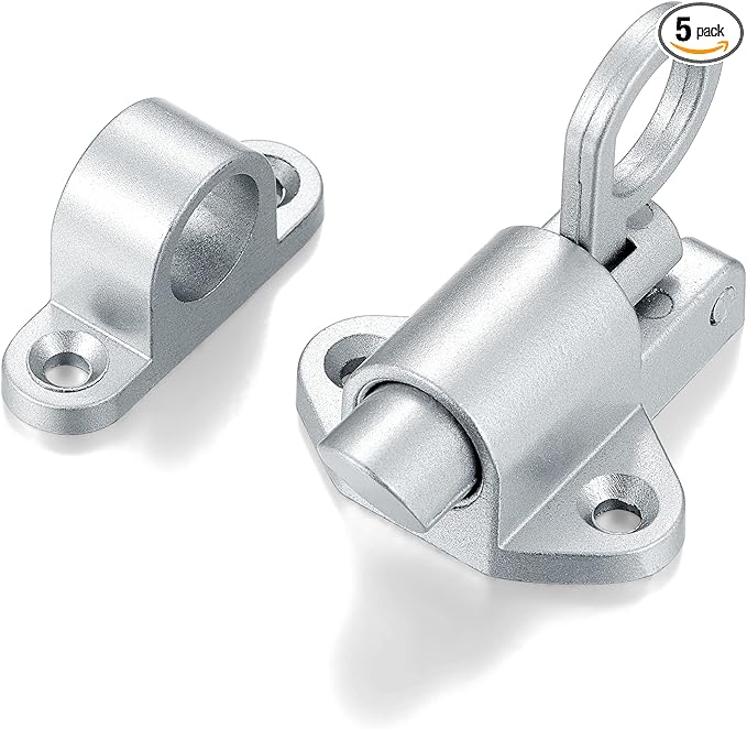 5 Packs Self-Closing Latches，Silver Gray Spring Door Lock，Resilient Bolt Latch Aluminum Alloy Safety Automatic Spring Barrel Slide Door Lock with Screws,Used for Gate,Window and Cabinet etc