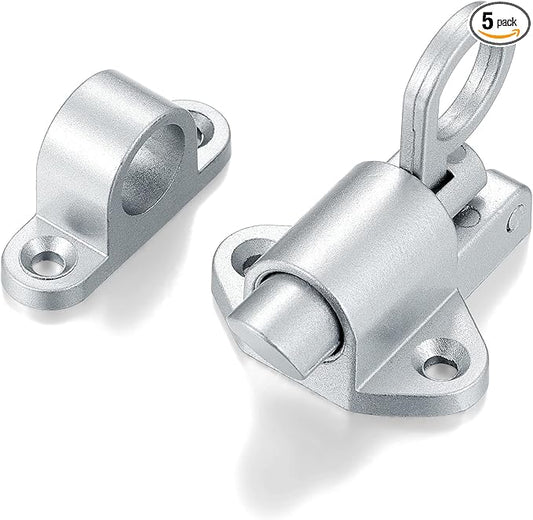 5 Packs Self-Closing Latches，Silver Gray Spring Door Lock，Resilient Bolt Latch Aluminum Alloy Safety Automatic Spring Barrel Slide Door Lock with Screws,Used for Gate,Window and Cabinet etc