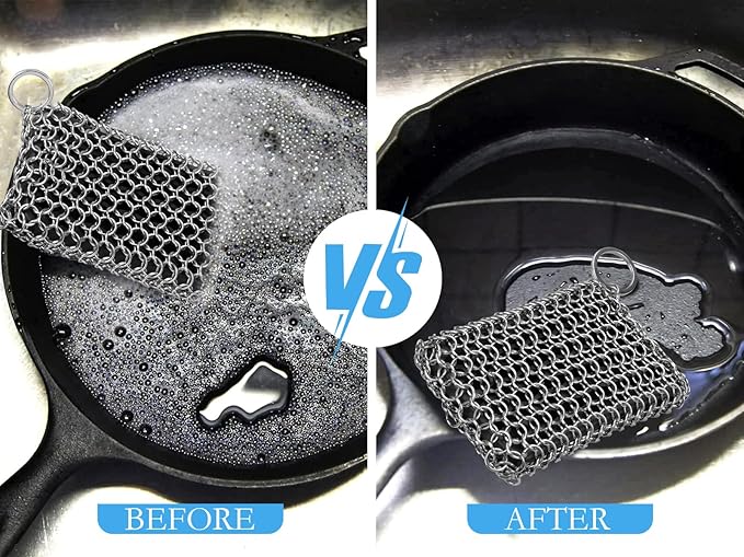 Herda Chain Mail Cast Iron Cleaner Scrubber,316 Chainmail Pan Scrubber Metal Cleaning Brush, Pad, Sponge Scraper to Clean Skillet,Dutch Oven, Wok,Grill Griddle,Chain Link Scrub Brush Pot Care Kit