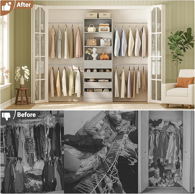 Aheaplus Closet System, 4-9Ft Closet Organizer with 4 Wooden Drawers, Wood Closet Organizer System with Tower, Walk-in Closet Organizer Wardrobe Garment Clothes Rack with 4 Hanging Rods, Grey