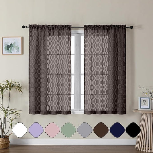 Aiyufeng Sheer Brown Curtains 45 Inch Length 2 Panels Set, Farmhouse Clip Jacquard Textured Short Sheer Curtains, Lightweight Chic Wavy Line Window Curtain Panels for Bedroom, 40" Wx45 L Inches