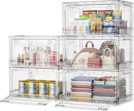 BROVIEW Clear Stackable Storage Bins Drawers, Open Front Large Plastic Storage Bins with Lids, Foldable Closet Organizers and Storage for Wardrobe Cabinets, Pantry, Makeup,5 Pack