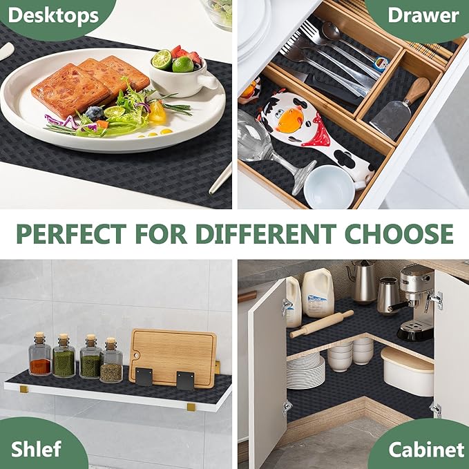 Shelf Liners, Non-Adhesive Drawer Liner, Waterproof & Oil-Proof Kitchen Cabinet Cupboard Liner Plastic EVA Material BPA Free Fridge Liner Mats Paper Protector for Shelves (Black/12in x 240in)