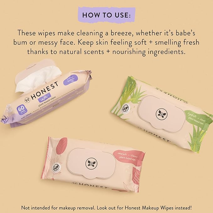 The Honest Company Hydrate and Cleanse Naturally Scented Wipes Cleansing Multi-Tasking Wipes 99% Water Plant Based Hypoallergenic Aloe and Cucumber 60 Count