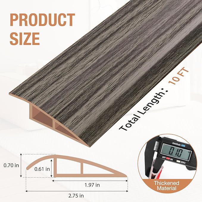 Floor Transition Strip Self Adhesive Vinyl Door Threshold for Doorways Carpet Edging Trim Overlap Edge Reducer for Laminate Floor, Carpet, Tile (Grayish Brown Wood Grain, 2/5" to 3/5", 10Ft)