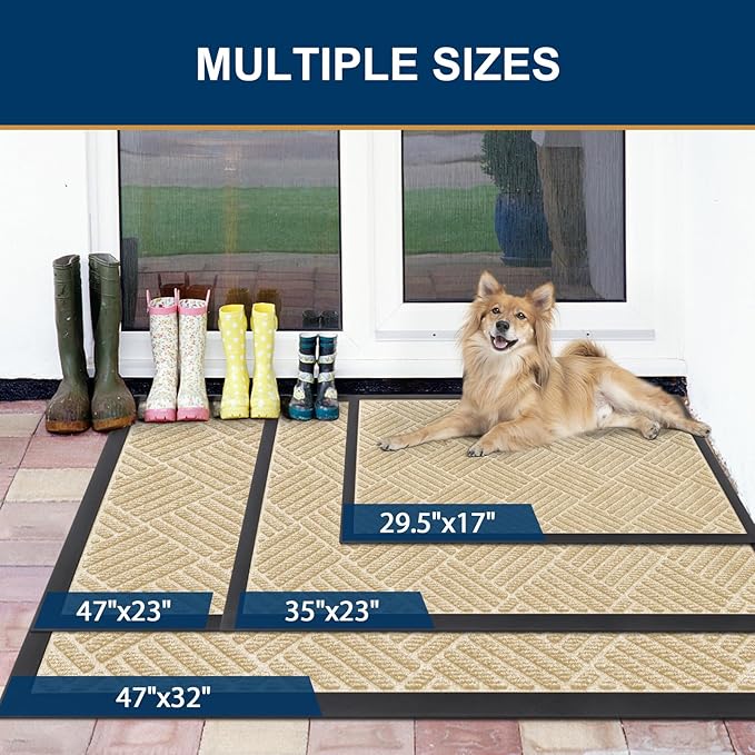 Smiry Front Door Mat Outside Entrance, Heavy Duty Outdoor Indoor Natural Rubber Doormat, Non Slip, Trap Dirt and Moisture, Easy Clean, Low Profile Patio Porch Entryway Mat, 29.5x17, Beige