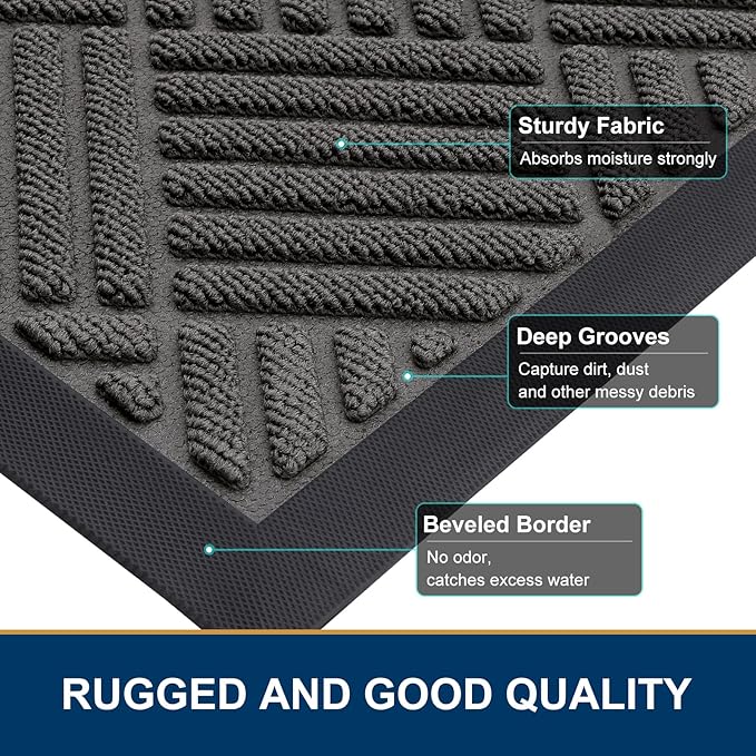 Smiry Front Door Mat Outside Entrance, Heavy Duty Outdoor Indoor Natural Rubber Doormat, Non Slip, Trap Dirt and Moisture, Easy Clean, Low Profile Patio Porch Entryway Mat, 47x23, Grey