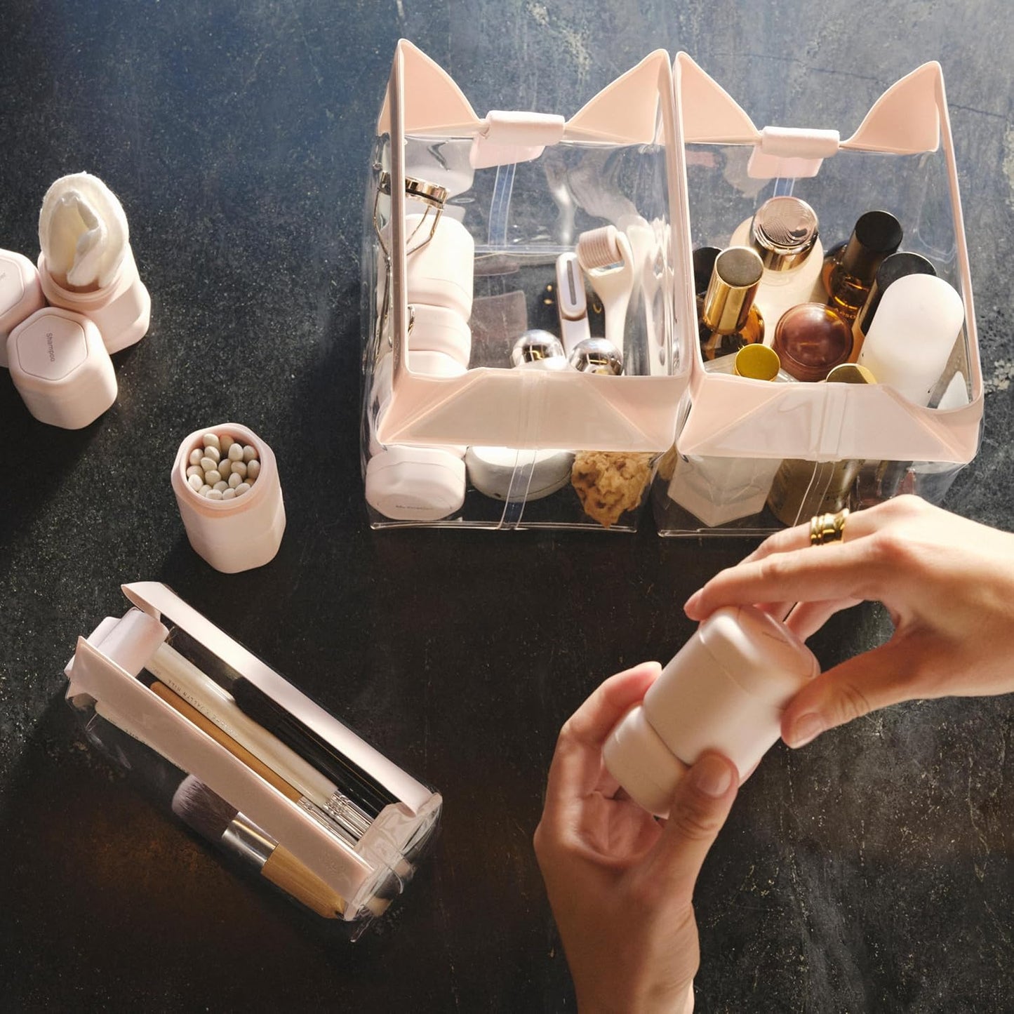 Cadence Travel Containers Basic Skincare Set - Magnetic Containers with Lids,Carry On Travel Essentials For Women/Men - 3 Small Capsules (0.56oz) - Cleanser, Moisturizer & Sun-Icon Labels - Charcoal