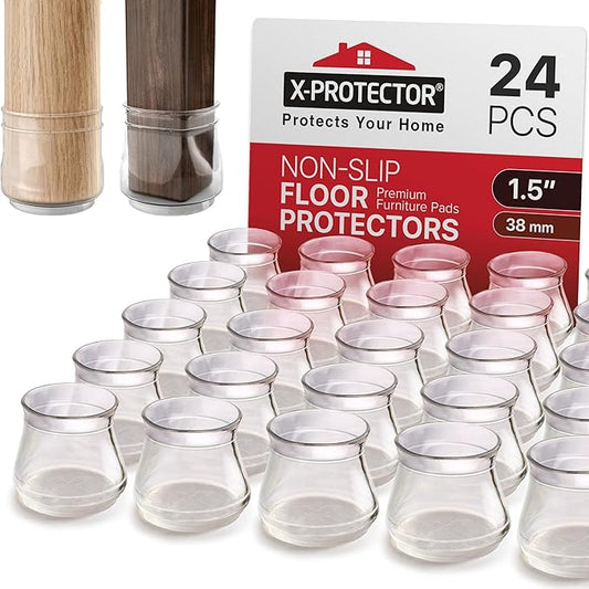 X-Protector Silicone Chair Leg Floor Protectors with Non-Slip Furniture Pads - 24 PCS 1.3" - 2" - Anti-Slip Chair Leg Covers - Non-Skid Furniture Leg Caps - Furniture Pads for Hardwood Floors!