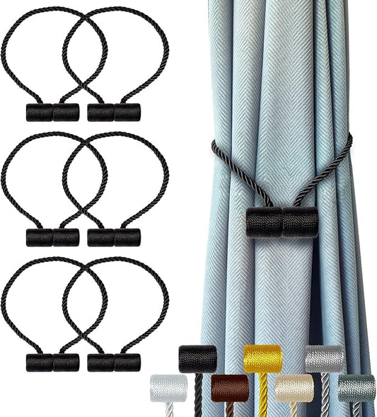 Hion Magnetic Curtain Tiebacks Black 6 Pack, Curtain Tiebacks Buckles Holdbacks Holders Hooks Clip for Home Bedroom Office Decorative Thick or Thin Curtain