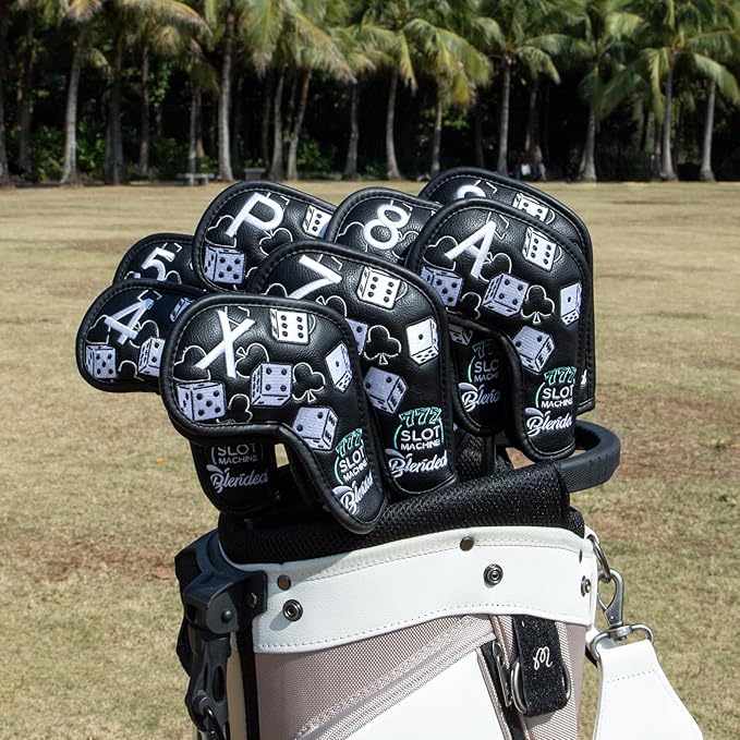 Golf Iron Covers Lucky 777 Golf Iron Headcover 10pcs Synthetic Leather Golf Clubs Iron Covers for Golf Clubs Head Covers for Irons with Magic Tape Fit All Brands