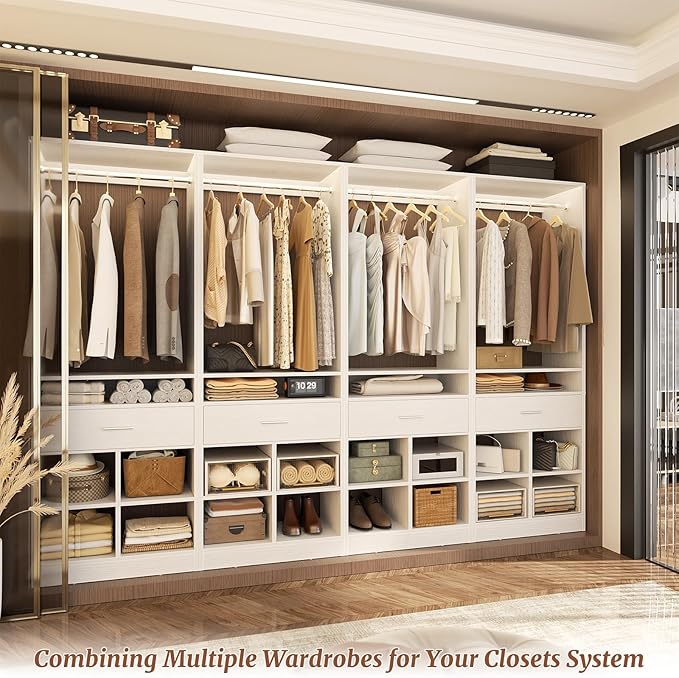 Unikito Freestanding Closet System with Wood Drawer and 4 Cubby Storage, Closet Organizer with Hanging Rods & Shelves, 25‘’W X 80'' H Clothes Garment Rack, Walk in Closet Tower Wardrobe, White