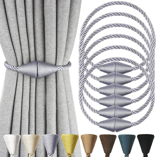 6 Pack Magnetic Curtain Tiebacks Rope Modern Handmade Curtain Tie Backs Decorative Drapes Weave Holdbacks for Window Décor, Grey