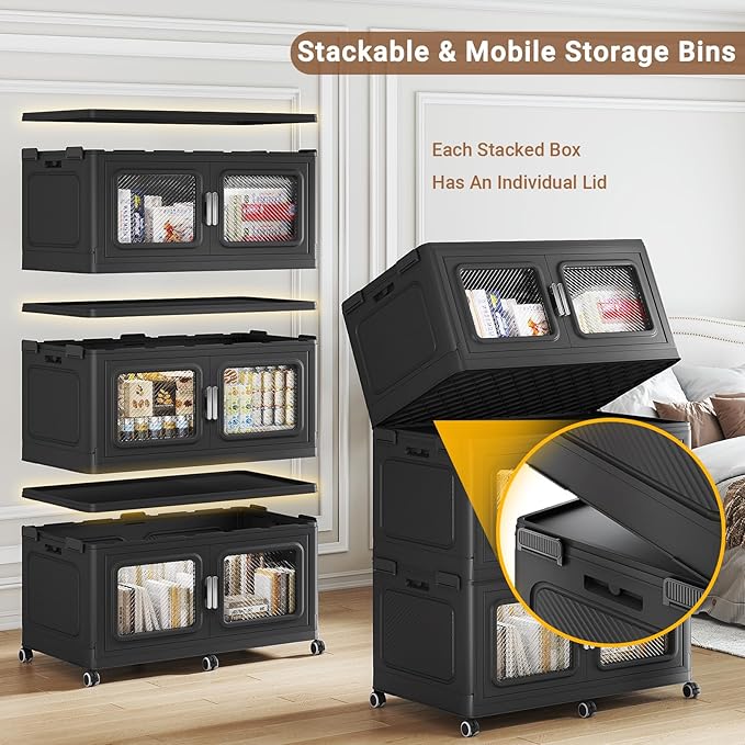 BROVIEW 660 Qt Stackable Storage Bin with Lids, 165Gal Extra Large Collapsible Storage Boxes, Folding Plastic Drawer, Heavy-Duty Store Cabinet, Closet Organizer for Home Kitchen, 3 Pack Black