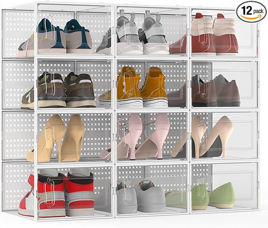 12 Pack XXX-Large Modular Clear Plastic Stackable Shoe Storage Organizer for Closet, Space Saving Versatile Sneaker Shoe Rack Containers Bins Holders, Portable Closet Organizers and Storage, White