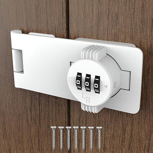 Keyless Combination Lock - 3-Digit Combination Lock for Doors - Twist Knob Hasp Latch Lock with Password Code - Zinc Alloy Door Latch for Kitchen Drawers, Cabinets, Cupboard (White)
