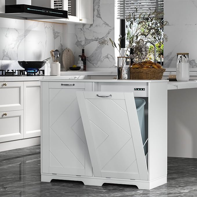 VECELO Double Tilt Out Kitchen Trash Bin Cabinet Dog Proof Garbage Can with Wood Holder Free Standing Recycling, White