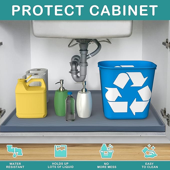 URMONA Waterproof Silicone Under Sink Mat 25'' x 22'' Shelf Liner for Kitchen and Bathroom, Cabinet and Counter Protector, Storage and Organizers, Litter Mat, Pet Cat Puppy Essentials(Beige)