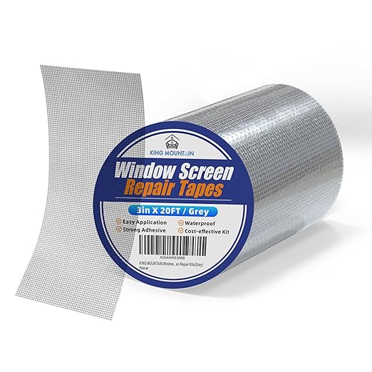 KING MOUNTAIN Grey Window Screen Repair Tape,3inX20FT Heavy Duty Screen Repair Kit for Window Screen and Screen Door Tears Holes,Strong Adhesive & Waterproof Window Screen Patch
