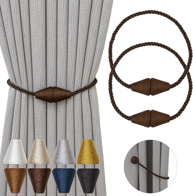 Magnetic Curtain Tiebacks 2 Pack Outdoor Rope Curtain Tie Backs Decorative Window Treatment Holdbacks for Home Decorative Curtain, Coffee