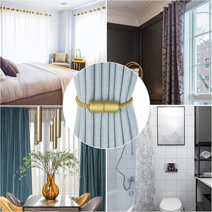 Magnetic Curtain Tiebacks 4 Pack Gold Curtain Rope Tieback Curtain Holders for Drapes Modern Tie Backs Decorative Curtain Holdbacks