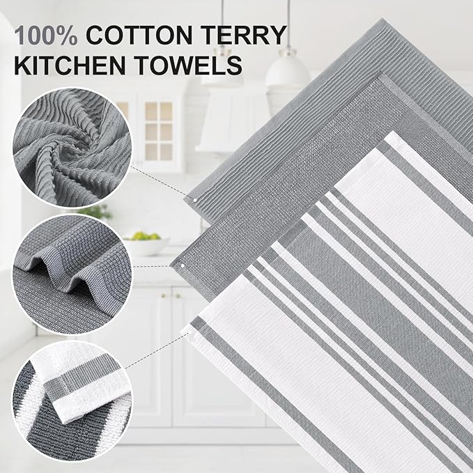 Homaxy Premium Kitchen Towels(18”x 28”, 6 Pack), Large Cotton 380 GSM Kitchen Hand Towels, Soft and Absorbent Terry Dish Towels, Multipurpose Tea Towel Set with Hanging Loop, Grey