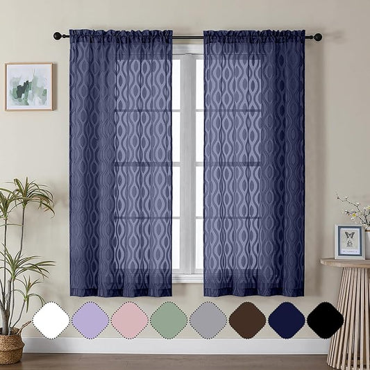Aiyufeng Blue Sheer Curtains 63 Inch Length 2 Panels Set, Airy Light Filtering Solid Clip Jacquard Farmhouse Curtians for Bedroom Living Room, Modern Wavy Line Panel Curtains, 40" WX63 L Inches