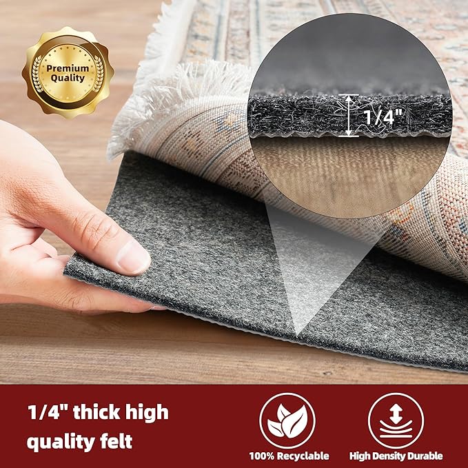 BAGAIL Felt and Natural Rubber Backing Rug Pads 1/4” Thick, 4 x 6 Ft Non Slip Carpet Gripper Keep Rugs in Place, Under Area Rug Protective Cushioned Pads, Carpet Runners, Hardwood Floors Protection