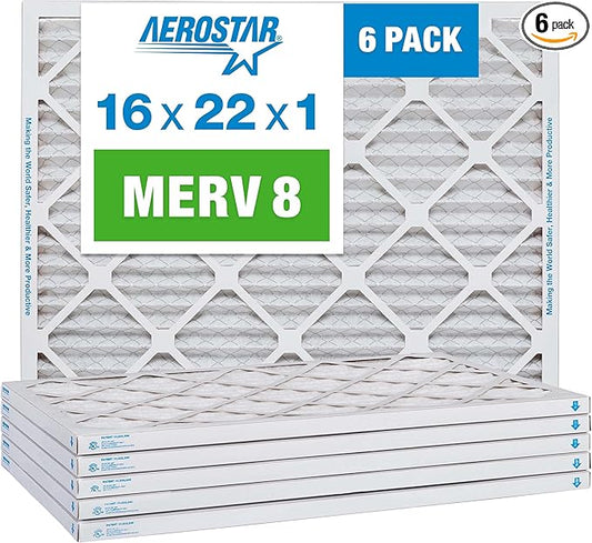 Aerostar 16x22x1 MERV 8 Pleated Air Filter, AC Furnace Air Filter, 6 Pack (Actual Size: 15 7/8" x 21 7/8" x 3/4")