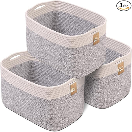 CHAT BLANC Cotton Rope Baskets for Organizing | Storage Baskets for Shelves | Rope Basket for Storage, Small Laundry Baskets, Woven Baskets for Storage, Dog Toy Bin, Baby Basket,Off White &Gray 3 Pack