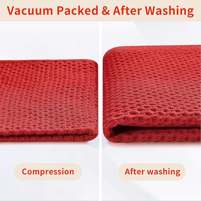 Homaxy 100% Cotton Waffle Weave Kitchen Dish Towels, Ultra Soft Absorbent Quick Drying Cleaning Towel, 13 x 28 Inches, 12-Pack, Red