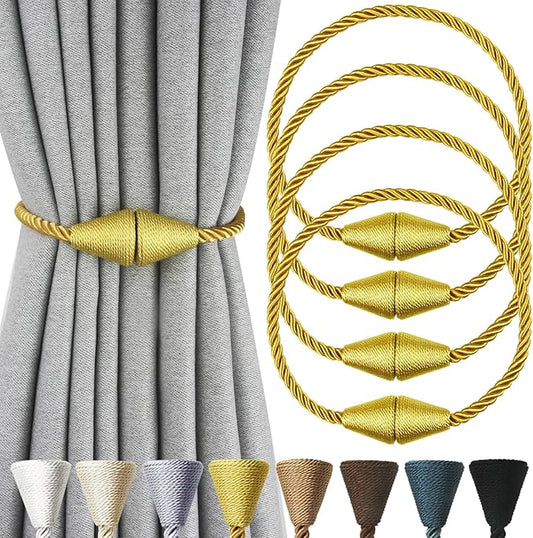 4 Pack Magnetic Curtain Tiebacks Rope Modern Handmade Curtain Tie Backs Decorative Drapes Weave Holdbacks for Window Décor, Gold