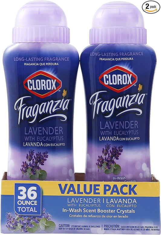 Clorox Fraganzia Laundry Scent Booster Crystals in Lavender with Eucalyptus Scent - Scented In-Wash Freshener Beads for Fresh, Clean, Great Smelling Clothes and Linens, 18 Oz - 2 Pack
