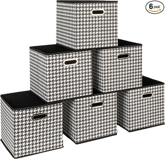 Household Essentials Fabric Storage Bins 6 Piece Set, Houndstooth White and Black