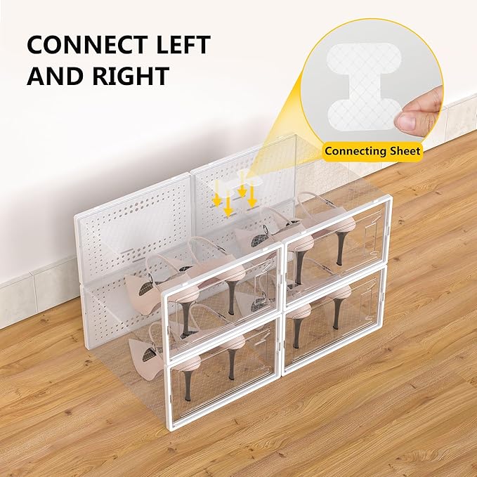 Secret Space 12 Pack X Large Shoe Organizer Storage Boxes for Closet, Modular Space Saving Shoe Boxes Clear Plastic Stackable Sneaker Containers Display Case with Lids, White