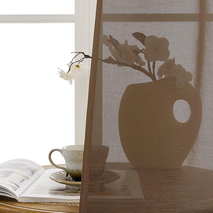 Tollpiz Short Sheer Door Curtains Closet Linen Textured Curtains Sheer Doorway Light Filtering Voile Patio Glass Doors Rod Pocket Curtain French Door, 54 x 40 inches Long, Brown, Set of 1 Panel